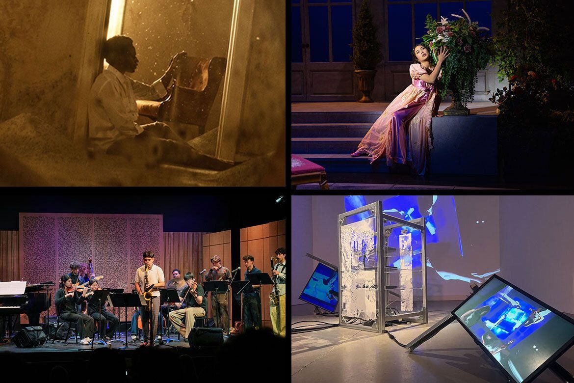 Four images. Top left: A man sits on the floor with his arm over a chair. Top right: A woman wearing a pink dress sits on the edge of stairs on a stage, embracing a plant. Bottom left: A group of students play instruments on a stage. Bottom right: An exhibit with multiple screens.